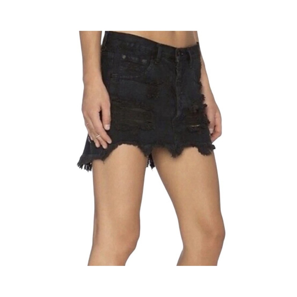 One Teaspoon Skirt Womens Denim Jean Cut Off Distressed Mini Size 22 Black NEW